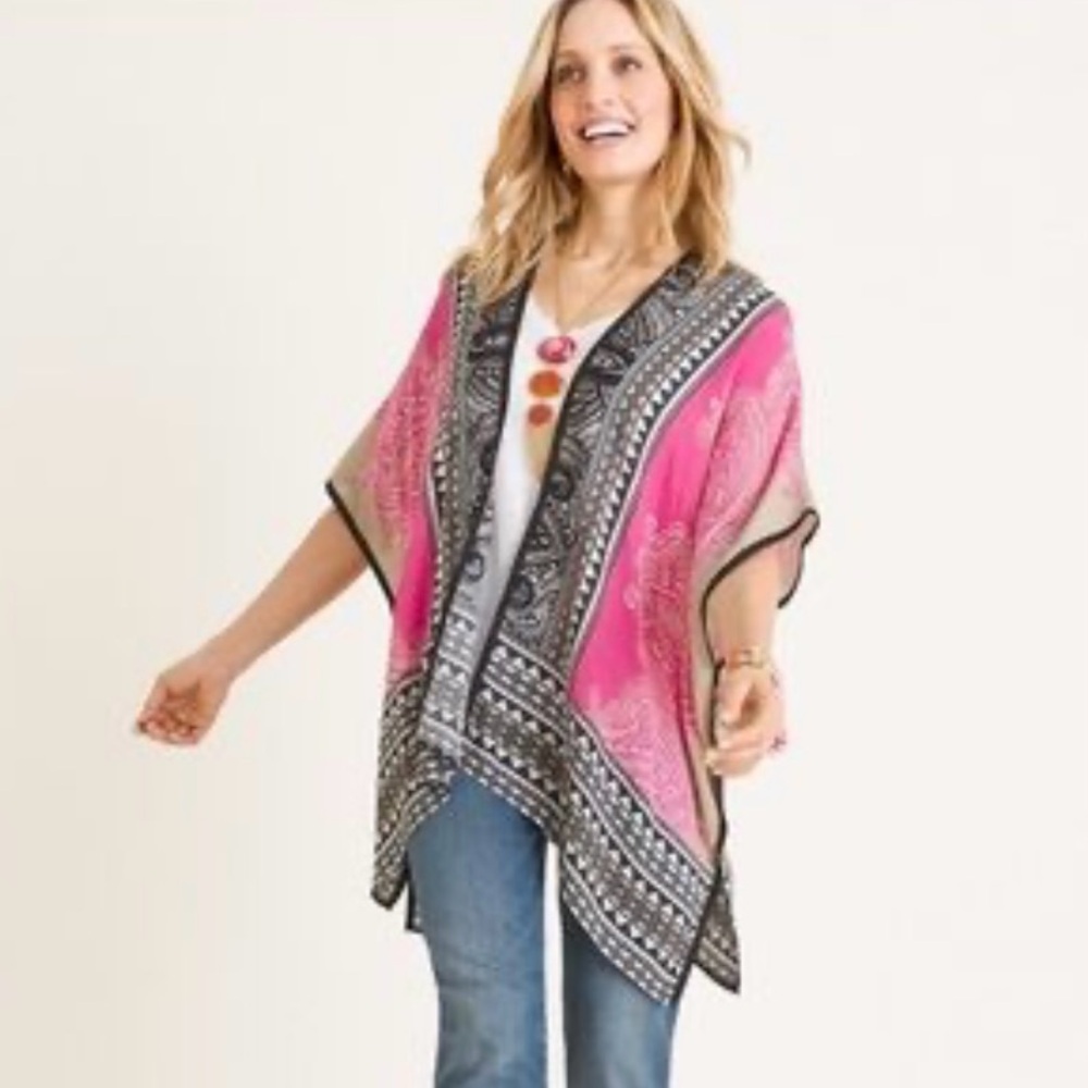 Chicos 3 XL 16 18 Pink Black Beige Embroidered Open Front Cardigan Boho Paisley